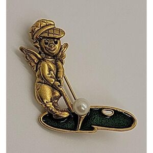 Vintage gold tone‎ signed Danecraft GOLF Angel w/ faux pearl enamel brooch pin